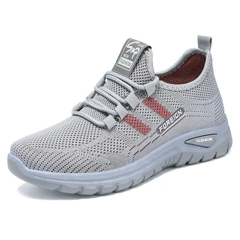 Casual breathable mesh shoes with flat PVC sole in purple, grey, red, and black colour options