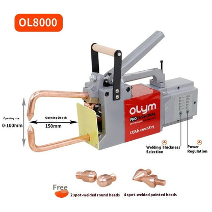 OL8000 manual double-sided spot welding machine with pulse control and set of round and pointed electrode heads.