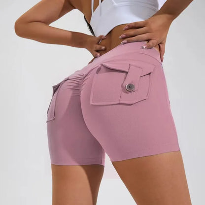 Women's high-waist quick-dry fitness shorts with side pockets in avocado green colour