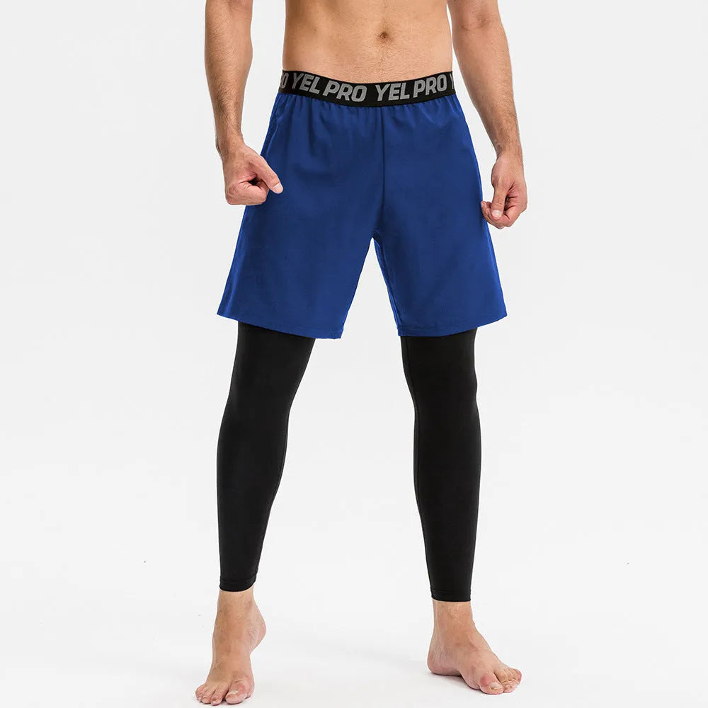 Men's tight fitness pants in polyester spandex fabric showing quick-dry properties and high elastic compression for athletic training