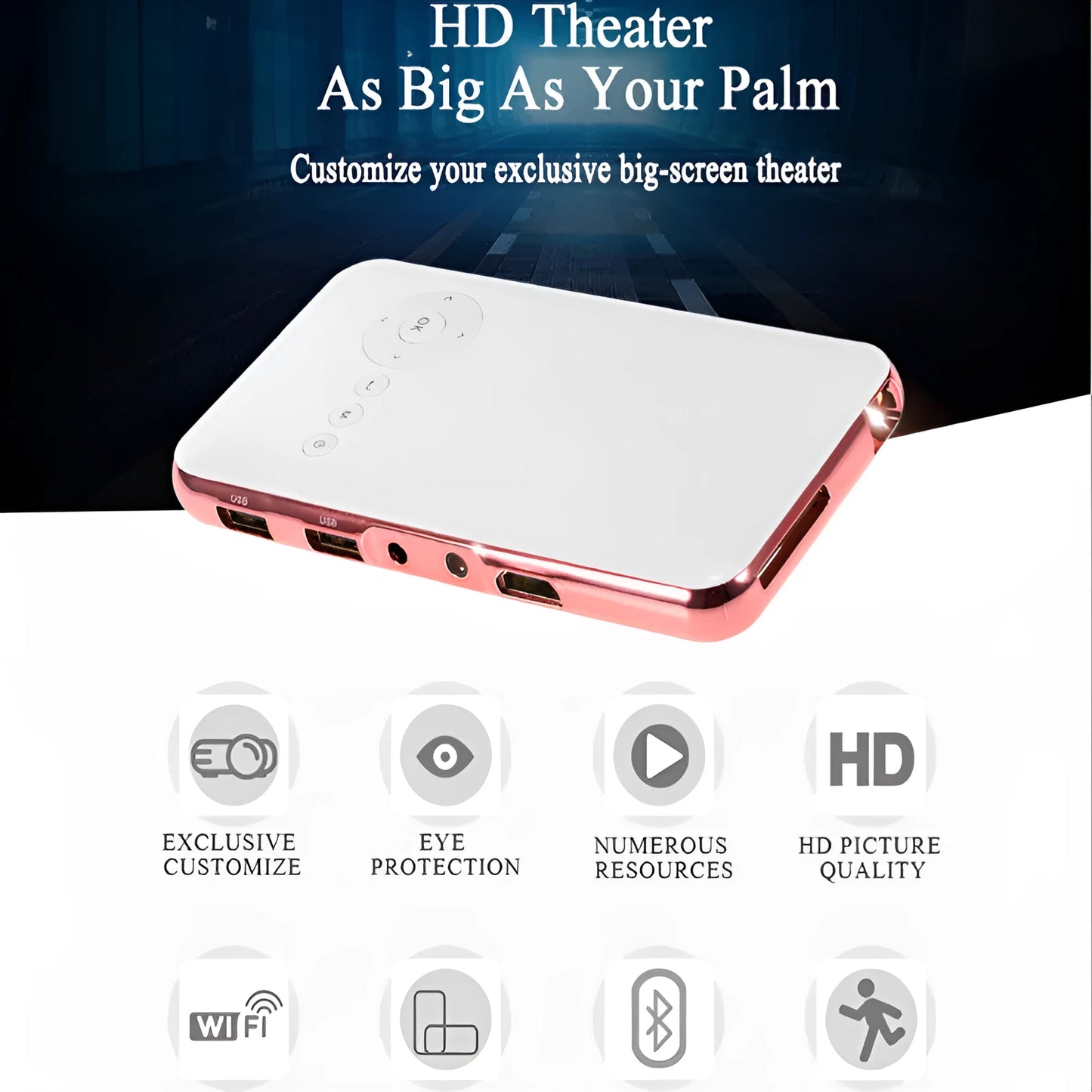 White and rose gold M6S miniature portable Android projector showing compact dimensions next to smartphone for scale