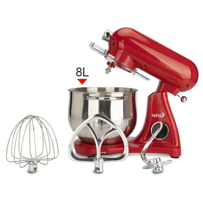 Red 1800W stand mixer with 8L stainless steel bowl, metal body, digital control, and three mixing attachments.