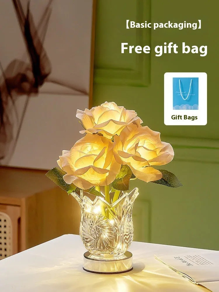 Modern crystal flowers design rechargeable touch dimming table lamp on a wooden surface.