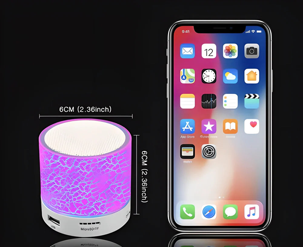 DancingLight™ Mini Bluetooth Speaker in blue and white colours, delivering premium audio quality with hands-free calling and USB playback features.