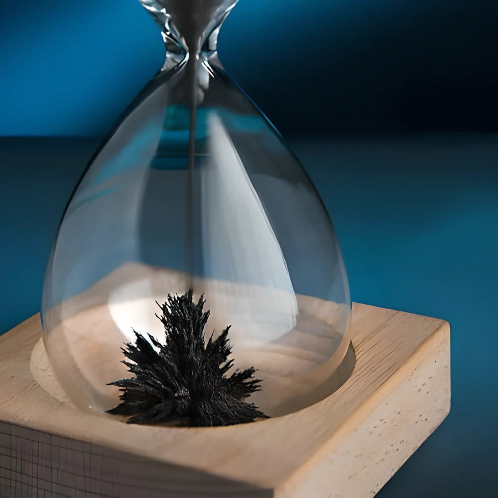 Captivating magnetic hourglass with a solid wood base and glass chamber, creating a mesmerizing display of temporary stalagmites.