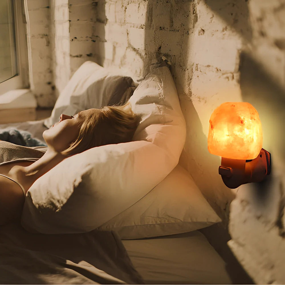 Himalayan crystal salt lamp with warm, soothing glow and air purifying capabilities
