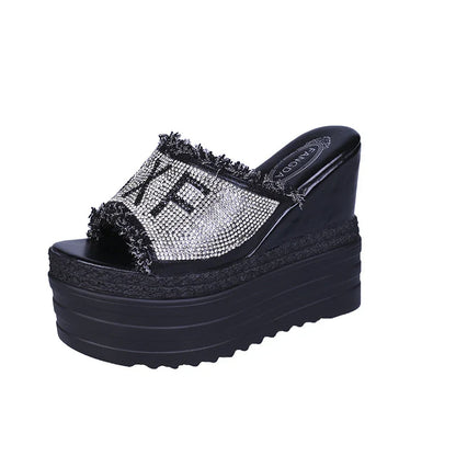 Rhinestone-embellished platform sandals with super high wedge heel and sponge cake sole