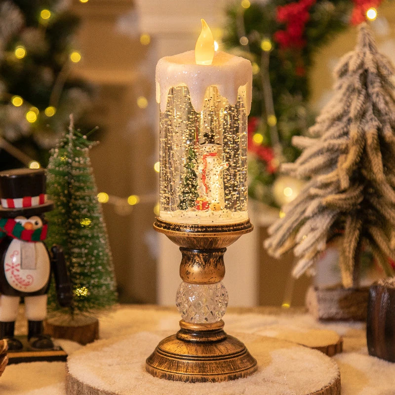 Charming Christmas candle scene layout with festive old man figure, panda pillow, and snowman candle