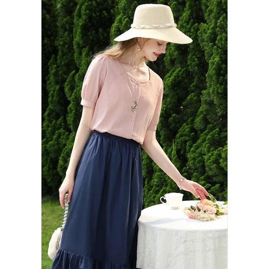 Elegant Embroidered Cotton Blouse in Autumn Colours, Featuring a Refined Square Neckline and Delicate Floral Embroidery