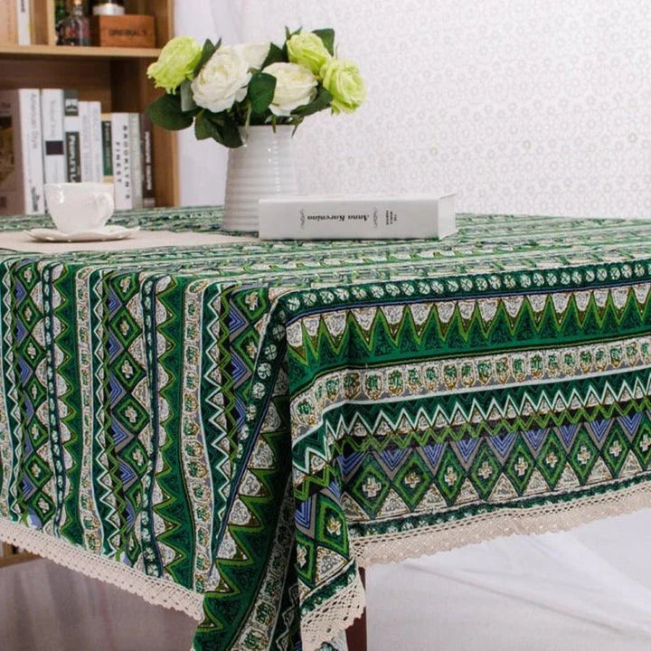 Bohemian-patterned dining tablecloth with intricate jacquard weave and vibrant colours