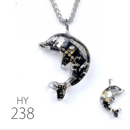 Steampunk-inspired dolphin pendant necklace with electronic components and brass accents