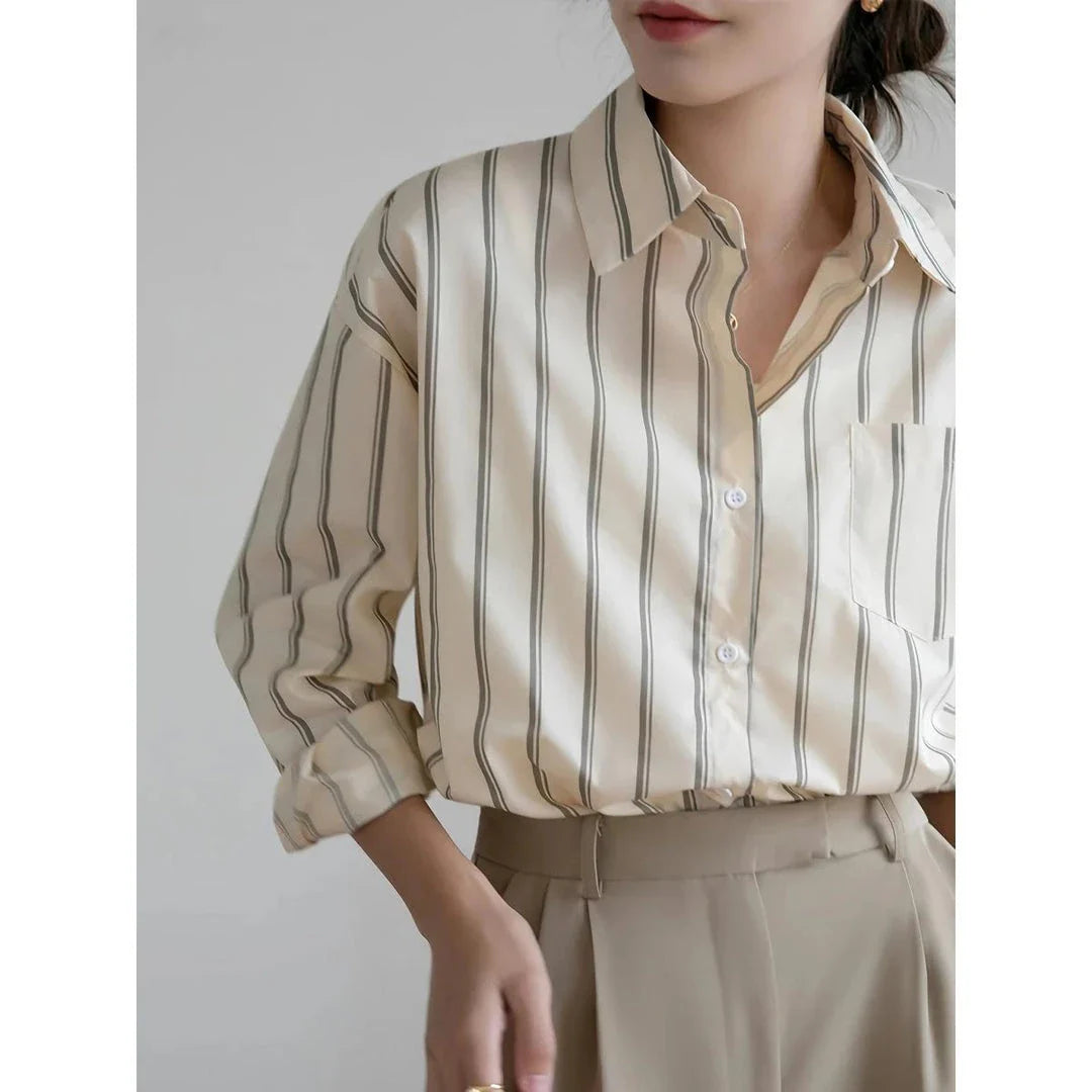 Elegant striped office blouse with chic drop shoulder design, made from premium polyester-cotton blend for durability and comfort