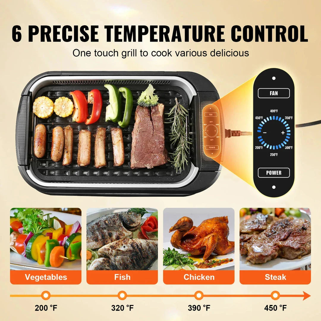 Powerful 1500W Smokeless Indoor Grill with Generous 110 sq. in. Cooking Surface, Precise Temperature Control, and Smokeless Technology