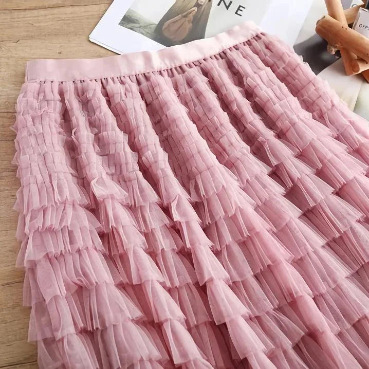 Elegant British Summer Tulle Skirt in Champagne colour, featuring a flattering A-line silhouette and charming tiered design