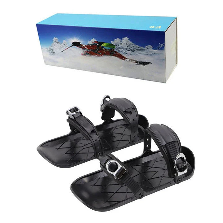 Adjustable mini ski skates with durable nylon and aluminium alloy construction, suitable for UK snow sports enthusiasts