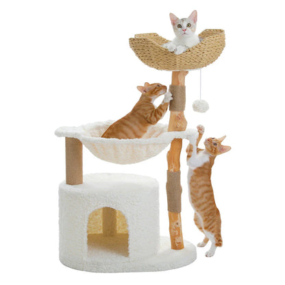 Elegant modern cat tree with woven basket, hammock, and solid wood scratching post for large indoor cats