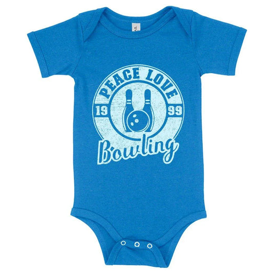 Chic baby onesie with peace and love bowling design, made of soft and flexible Airlume cotton