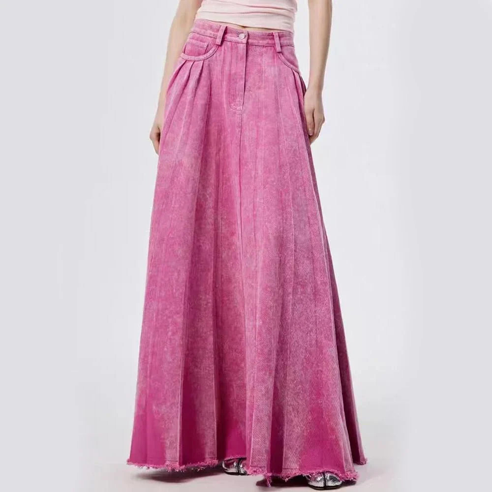 Elegant high-waist A-line denim skirt in a vibrant rose pink colour, perfect for any occasion.