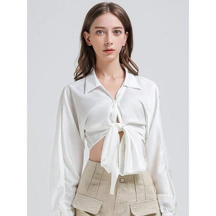 Elegant Vintage V-Neck Long Sleeve Crop Blouse in White - A stylish and comfortable wardrobe essential for the fashion-forward British woman.