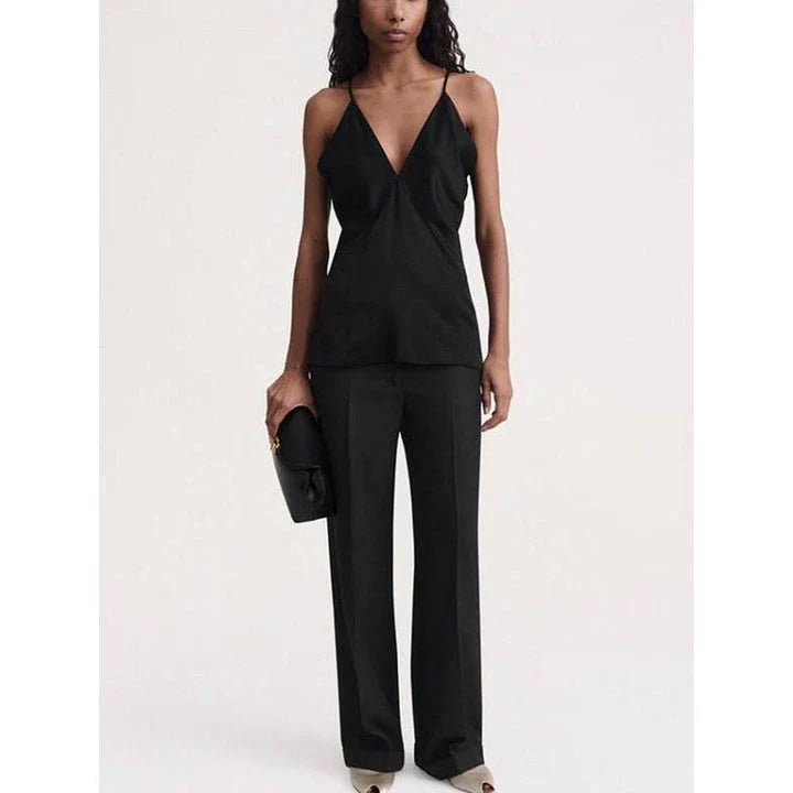 Elegant summer camisole with v-neck and backless design, made from soft viscose fabric for comfort and style