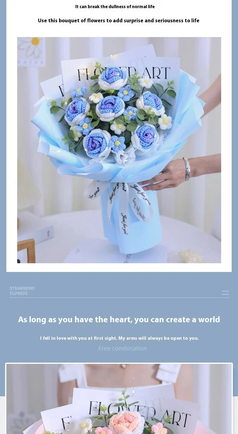 Beautifully crafted knitted bouquet with vibrant sunflowers, featuring a warm LED lighting system for a captivating display