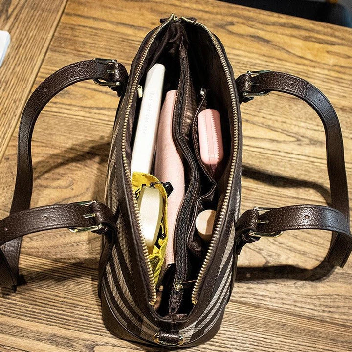 Premium British Ladies' Plaid Shoulder Tote Bag in a stylish brown colour, featuring a spacious bucket design and a classic plaid pattern