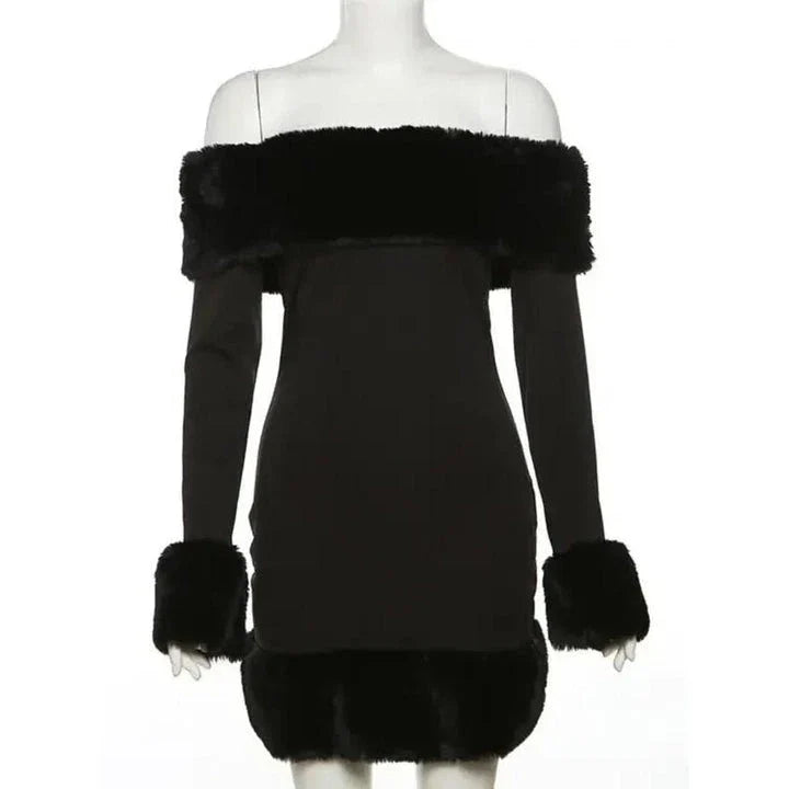 Elegant off-shoulder mini dress with fur trim, perfect for upscale autumn and winter parties