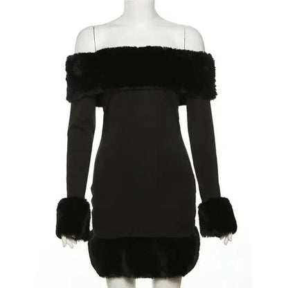 Elegant off-shoulder mini dress with fur trim, perfect for upscale autumn and winter parties