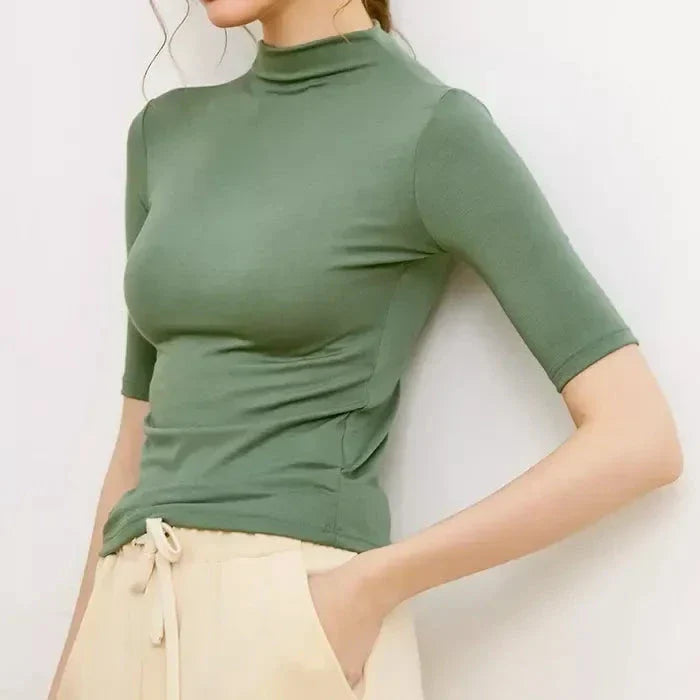 Women's Mock Neck Wool Blend T-Shirt in Pink - Elegant and Comfortable British-Inspired Design
