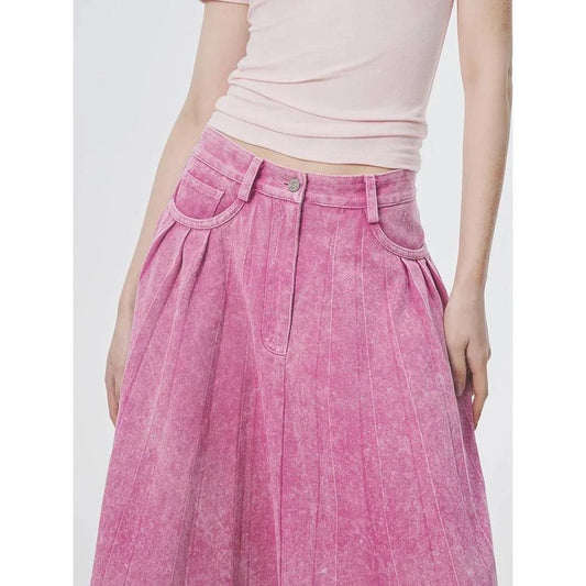 Elegant high-waist A-line denim skirt in a vibrant rose pink colour, perfect for any occasion.
