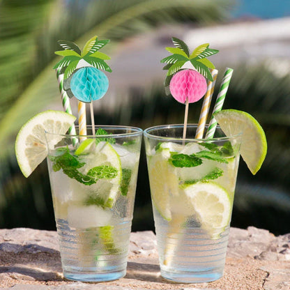 Hawaiian Luau Cocktail Picks with tropical coconut palm tree designs for vibrant party decor