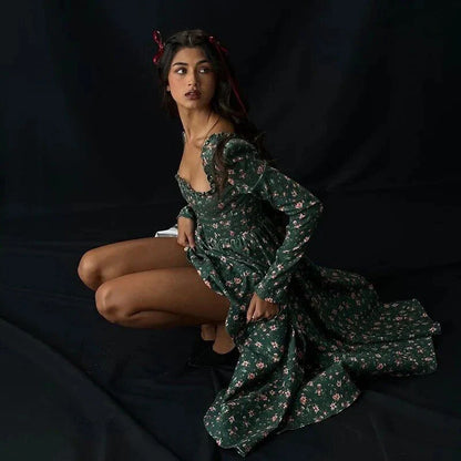 Elegant plaid A-line midi dress with square collar, backless design, and empire waistline