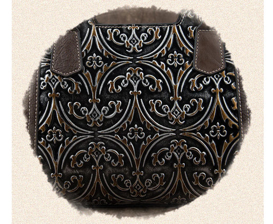 Elegant retro-inspired ladies' shoulder bag in premium cowhide leather with floral embossed pattern