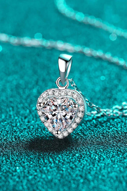 Elegant 1 Carat Moissanite Heart Pendant Necklace in 925 Sterling Silver, showcasing a captivating heart-shaped moissanite stone with exceptional brilliance.