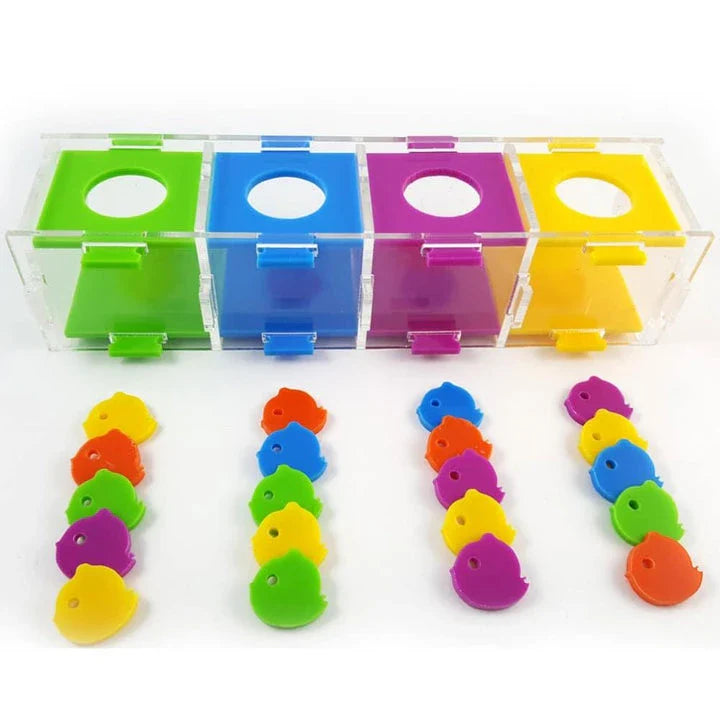 Colourful puzzle toy for parrots, featuring interlocking pieces to stimulate cognitive development and mental agility.