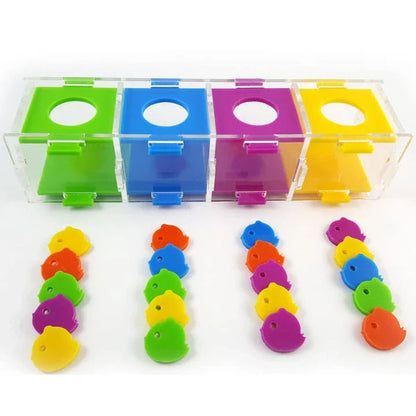 Colourful puzzle toy for parrots, featuring interlocking pieces to stimulate cognitive development and mental agility.