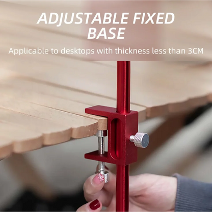 Adjustable camping lantern stand with detachable hangers, made of corrosion-resistant stainless steel and aluminium alloy for stable and elevated lighting.