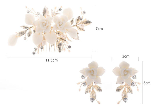Elegant bridal hair accessories set with flower-shaped comb and gold-tone earrings