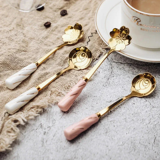 Elegant gold-plated mini stainless steel dessert spoons with colourful ceramic handles and floral designs