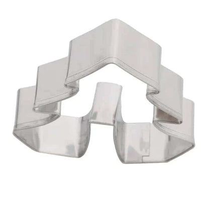 A set of festive, Christmas-themed stainless steel cookie cutters in various shapes including trees, snowflakes, and candy canes