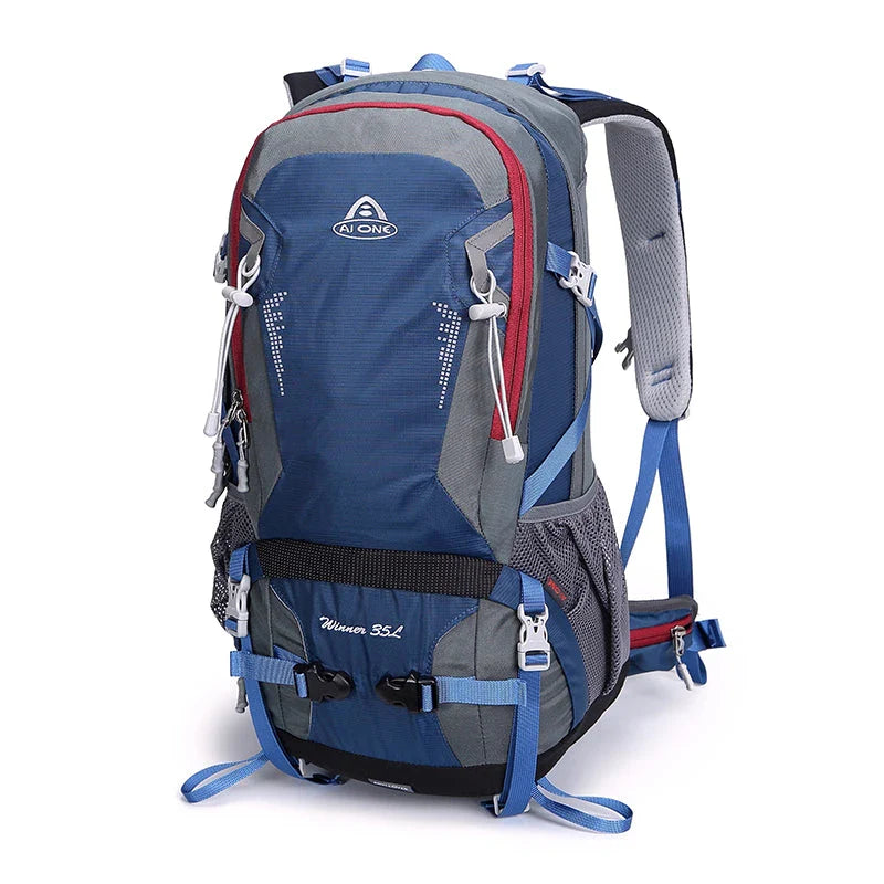 Durable outdoor climbing backpack with integrated raincover, featuring waterproof nylon construction, adjustable straps, and multiple storage compartments.
