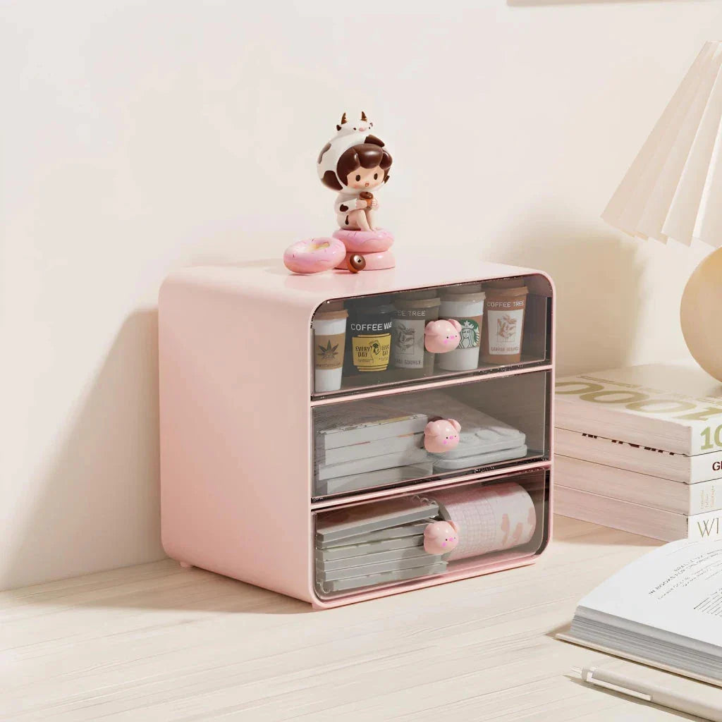 Clear acrylic desk organiser with three pull-out drawers, designed to declutter and organise your workspace