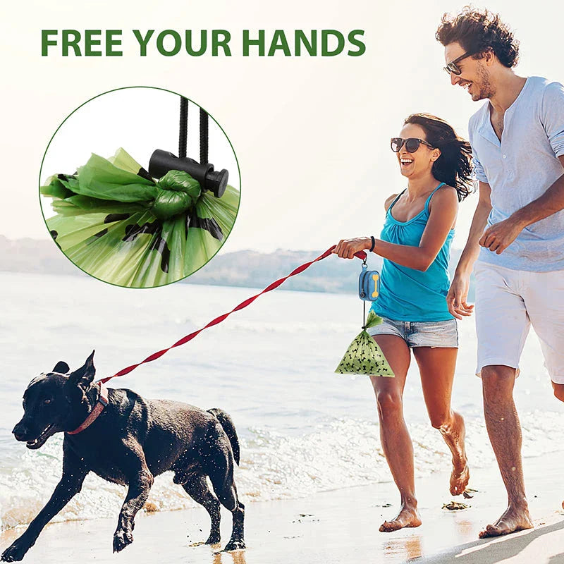 A heavy-duty, weatherproof dog poop bag dispenser made of Oxford fabric with a lavender-scented, leak-proof bag system.