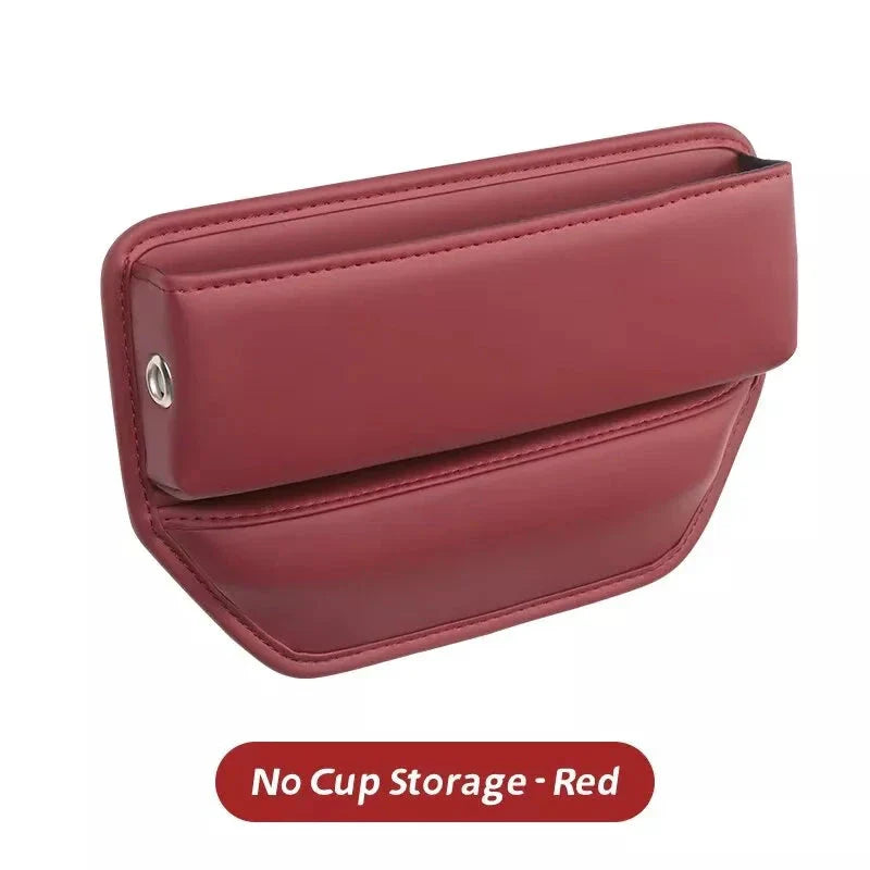 Leather Car Seat Gap Organiser with multiple storage compartments and cup holder, designed for easy installation and a sleek look in your vehicle.