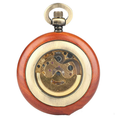 Elegant mahogany textured dial automatic mechanical wooden pocket watch with golden Roman numerals