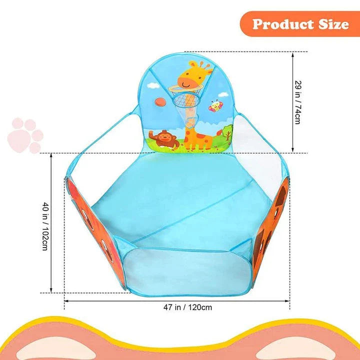 Portable Kids Ball Pit Play Tent with Colourful Animal Graphics and Basketball Hoop