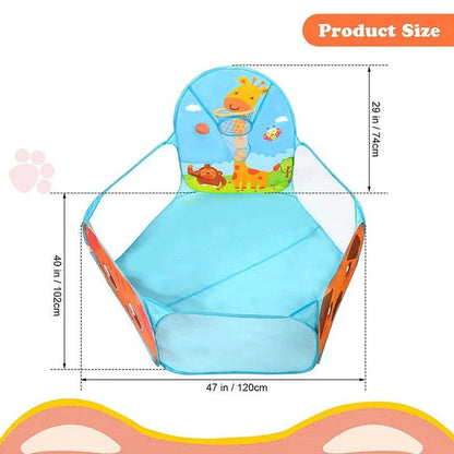 Portable Kids Ball Pit Play Tent with Colourful Animal Graphics and Basketball Hoop