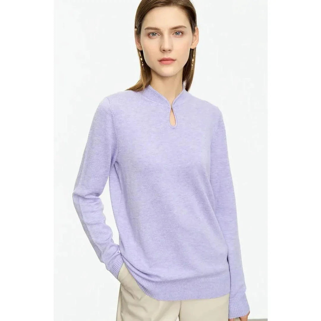 Chic minimalist u-collar long sleeve pullover in green and purple colours, featuring elegant design and cozy materials