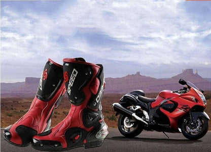 Durable all-weather motorcycle boots with microfiber leather, carbon fibre reinforcements, and shock-absorbing sole for versatile protection and style