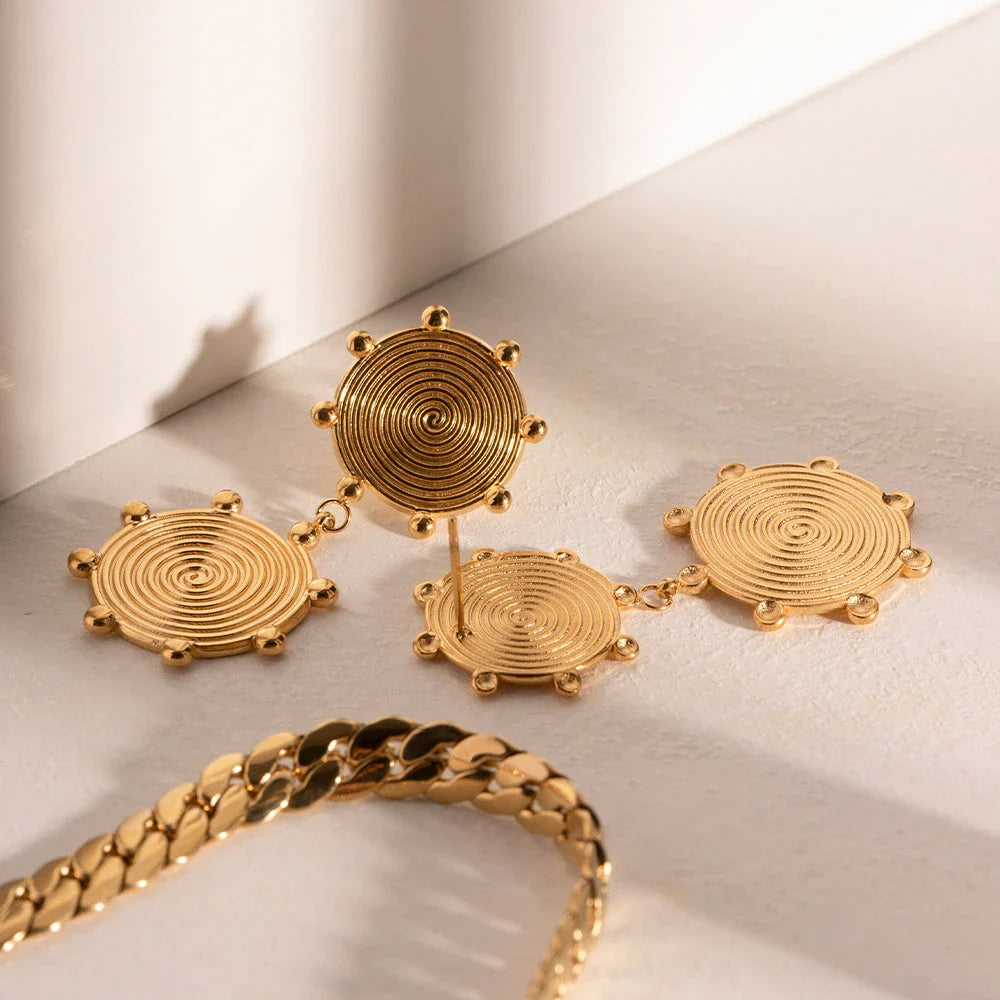 Elegant palace-style retro stainless steel earrings with 18k gold plating, featuring a textured disc design